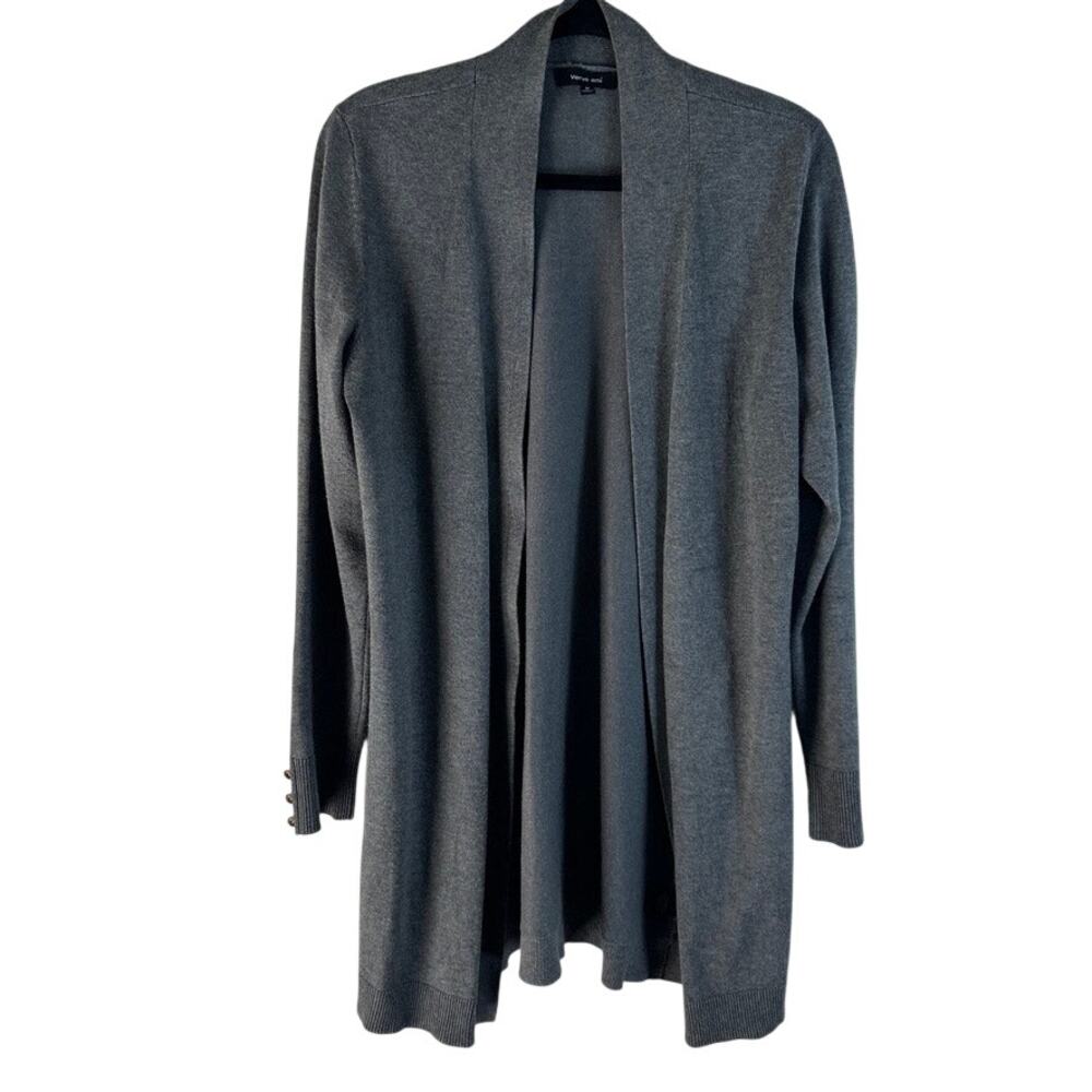Verve Ami Gray Cardigan Sweater Womens Medium Long Open Front Knit Jacket